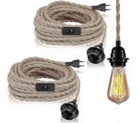 2 Pack Pendant Lights with Switch, Hemp Rope with 4.5m Cable, E27 Socket for Hall, Kitchen, Dining Table, Bar (without Bulb)