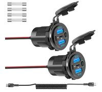 2 PACK Presa Caricabatteria per Auto 90W 4 Porte, Dual PD 36W e Dual Quick Charge 3.0 USB 12 Volt per Auto Impermeabile con Interruttore e Cavo C a C Adatto per Barca Autobus Camion RV Moto