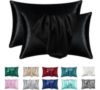 2 Pack Satin Pillowcase for Hair and Skin - Silky Soft Silk Pillow Cases with Envelope Closure, Standard Queen Size, Black Solid Color Bedroom Travel Decor Set(Black,Pack of 2 20x36 in (51x91 cm))