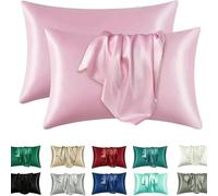 2 Pack Satin Pillowcase for Hair and Skin - Silky Soft Silk Pillow Cases with Envelope Closure, Standard Queen Size, Black Solid Color Bedroom Travel Decor Set(Pink,Pack of 2 20x26 in (51x66 cm))