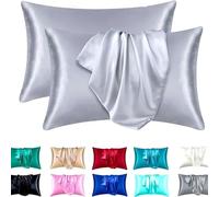 2 Pack Satin Pillowcase for Hair and Skin - Silky Soft Silk Pillow Cases with Envelope Closure, Standard Queen Size, Black Solid Color Bedroom Travel Decor Set(1gray,Pack of 2 20x36 in (51x91 cm))