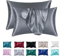 2 Pack Satin Pillowcase for Hair and Skin - Silky Soft Silk Pillow Cases with Envelope Closure, Standard Queen Size, Black Solid Color Bedroom Travel Decor Set(Gray,Pack of 2 20x36 in (51x91 cm))