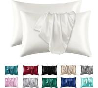 2 Pack Satin Pillowcase for Hair and Skin - Silky Soft Silk Pillow Cases with Envelope Closure, Standard Queen Size, Black Solid Color Bedroom Travel Decor Set(White,Pack of 2 20x36 in (51x91 cm))