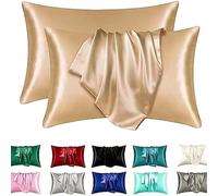 2 Pack Satin Pillowcase for Hair and Skin - Silky Soft Silk Pillow Cases with Envelope Closure, Standard Queen Size, Black Solid Color Bedroom Travel Decor Set(Khaki,Pack of 2 20x36 in (51x91 cm))