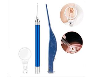 2 pack Strumento di rimozione della cera di orecchio con luce - raccogliere orecchio Cleaner Kit gli esseri umani, cerume cucchiaio Digger e pinzette per Orecchio sanità Gift Set con il caso,(blu)