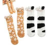 2 Paia Di Calzini Carini Con Animali, Calzini Giraffa, Calzini Mucca, Calzini Caldi Per La Casa, Calzini Creativi A Forma Di Cartone Animato, Calzini A Metà Polpaccio In Velluto Corallo