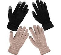2 paia di guanti invernali da donna touchscreen caldi guanti in maglia foderati in pile elastico polsino invernale, Nero, colore caramello, taglia unica