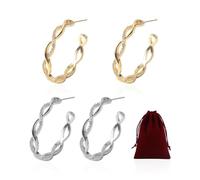 2 paia di orecchini a cerchio, 1 borsa portaoggetti, orecchini a cerchio da donna, in argento 925, orecchini a cerchio con diamanti in argento, orecchini pendenti leggeri, ipoallergenici, Argento