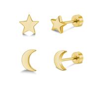 2 paia di orecchini da donna in oro 14k, orecchini a bottone piatto in titanio, orecchini ipoallergenici a forma di stella e luna, orecchini a perno senza nichel per uomo (Luna e Stella - Oro-5MM)