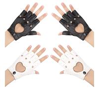 2 Paia Guanti Senza Dita in Pelle PU Con Taglio a Cuore Punk - Mezze Dita per Guida, Ciclismo, Ballo, Spettacolo, Festa Cosplay, Taglia Unica (Nero e Bianco)