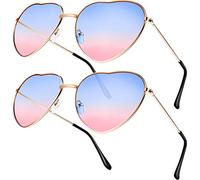 2 Paia Hippy Occhiali a Forma di Cuore Occhiali da Sole per Hippie Fancy Dress Accessorio, Cornice in Oro Rosa (Lenti Sfumate Blu a Rosa)