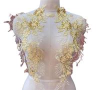 2 Pair 3D Flower Leaf Lace Fabric Sequin Embroidered Gown Appliques Collar Mesh Sew Patch For Wedding Decor 23cm*43cm(Gold)