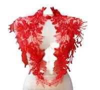 2 Pair 3D Flower Leaf Lace Fabric Sequin Embroidered Gown Appliques Collar Mesh Sew Patch For Wedding Decor 23cm*43cm(Red)