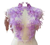 2 Pair 3D Flower Leaf Lace Fabric Sequin Embroidered Gown Appliques Collar Mesh Sew Patch For Wedding Decor 23cm*43cm(Purple)