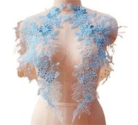 2 Pair 3D Flower Leaf Lace Fabric Sequin Embroidered Gown Appliques Collar Mesh Sew Patch For Wedding Decor 23cm*43cm(Blue)