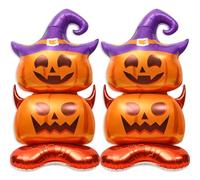 2 palloncini a forma di zucca di Halloween, cappello da strega, zucca | Palloncini viola in mylar con cappello da strega, corna da diavolo, lanterna di zucca, per interni ed esterni