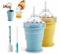 2 Pcs 2-in-1 Silicone Foldable Ice Ball Maker Cup,Portable Foldable Leakproof Travel Tumbler with Straw & Lid,Reusable Ice Sphere Mold,Easy Demolding,Coffee Cup for Picnic,Camping,Office (Color)