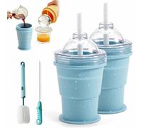 2 Pcs 2-in-1 Silicone Foldable Ice Ball Maker Cup,Portable Foldable Leakproof Travel Tumbler with Straw & Lid,Reusable Ice Sphere Mold,Easy Demolding,Coffee Cup for Picnic,Camping,Office (Blue)