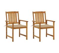 2 Pcs Acacia Wood Garden Chairs with Cushions, Outdoor Patio Furniture Set for Balcony Terrace Backyard, Rustic Solid Wood Slat Design, Gray Polyester Seat Cushions Included, 110kg Weight Capacity