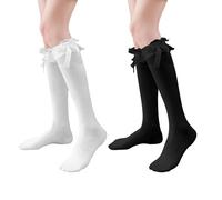 2 PCS Calze Alte Al Ginocchio Morbide da Donna Pizzo con Volant Bow Socks Calze con Fiocco Sopra le Ginocchia Graziosi Calzini con Fiocco in Pizzo Arricciato Adatto a Ragazze e Signore (Bianco Nero)