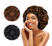 2 Pcs Capelli Ricci Cappello Bonnet in raso, regolabile in seta capelli Bonnet regolabile in raso Sleeping Hat capelli ricci, morbida seta Bonnet Head Cover per le donne e le ragazze (nero+marrone)