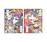 2 Pcs Composition Notebook, 5.7''*4.1'' Japanese Cartoons Printed Cover Journal Notebook, Thick Paper Cute Cat Grid Book for Students Teens Writing Notes College School Office New Year Gifts (Autumn+