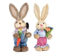 2 Pcs Easter Bunny Figurine Set - Standing Straw Ornaments for Farmhouse Home Decor and Table Centerpieces