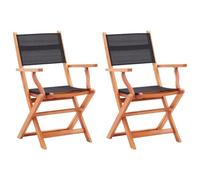 2 Pcs Folding Garden Chairs Black Eucalyptus Wood with Textilene Seat, Outdoor Patio Furniture for Balcony Terrace Poolside, Comfortable Foldable Lounge Chairs with Armrests, Supports 110kg