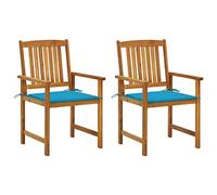 2 Pcs Garden Chairs with Cushions, Solid Acacia Wood Outdoor Patio Furniture Set, Rustic Style Seating for Balcony Terrace Backyard, Blue Polyester Cushions Included, Max Load 110kg per Seat