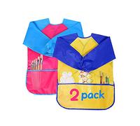 2 Pcs Grembiule Pittura Bambini, Impermeabile Scuola Con Maniche Lunghe e 3 Tasche Grembiulino per Dipingere, Giocare e Mangiare, 2 a 8 Anni