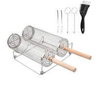 2 Pcs Griglia Barbecue 30cm 29cm, Upgrade Opening, Girarrosto Graticola per Barbecue Rotondo in Acciaio Inox con 2 Manici in Legno Rimovibili, 2 Ganci, 2 Forchette, Spazzola, Supporti, Accessori BBQ