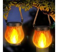 2 Pcs Kaliqo Solar Lantern Outdoor Lights,Dancing Flame Solar Lantern Outdoor Lights,Hemp Rope Flame Lamp,Waterproof Decorative Hanging Light For Camping, Pathway, Yard, Patio, Porch, Garden
