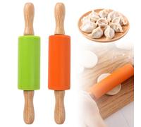 2 PCS Mattarello in Silicone, Kitchen Tools - Rullo per Pizza, Mattarello in Silicone Antiaderente con Manici in Legno - Verde/Arancione, Adatto a Bambini e Adulti