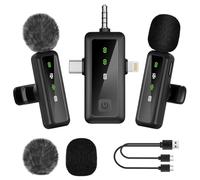 2 Pcs Microfono Wireless Bluetooth, con 3 in 1 Ricevitore Universale, Riduzione del Rumore, Plug-Play, Microfono Lavalier senza Fili per Smartphone Pc Fotocamere, per Podcast Video Live Intervista