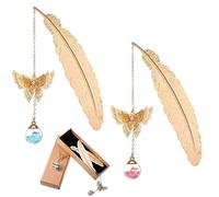 2 Pcs Segnalibro in Piuma di Metallo Segnalibri a Forma di Piuma con Farfalla 3D e Perle di Vetro Ciondolo Fiore Secco Regalo - Idee Regalo Natale Donna Maestra per Adulti, Bambini e Studenti