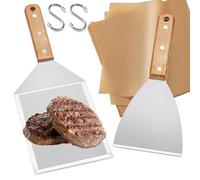 2 Pcs Spatola Cucina Acciaio Inox, Spatole per Hamburger Grande, Spatola per Barbecue Manico in Legno, Spatole per Smash Burger Pizza Grigliare, con 20 Cartine per Hamburger, 2 Ganci a S