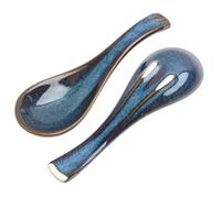 2 PCS Stile Giapponese Ceramica Blu Zuppa Retro Ramen Scodella Manico Corto Minestra Cucchiaio, da Zuppa per Ramen, Minestra e Dessert, Cucchiai in Porcellana Creativi per Uso Quotidiano e Familiare
