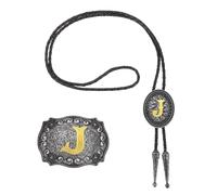 2 Pcs Western Cowboy Bolo Tie and Belt Buckle Set Golden Initial Letter J