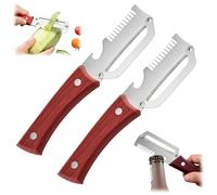 2 pelaverdure multifunzione con manico in legno, funzione 3 in 1, apribottiglie e grattugia per patate, zucca, mele e altre frutta e verdura