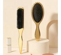 2 pezzi/1 pezzo Set di spazzole per capelli dorate, spazzola districante a paletta con perni in metallo per massaggio del cuoio capelluto, pettine in setole di cinghiale per lisciare i capelli ribelli