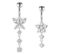 2 pezzi 14 G Piercing per ombelico, in acciaio chirurgico, argento farfalla, cristalli rotondi e a forma di fiore, anello per donne e ragazze 10 mm