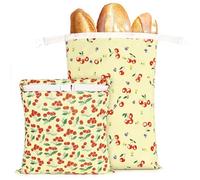 2 Pezzi 43*30cm Sacchetto Pane Porta Pan Sacchetti Tela Cerata per Pane con Fodera in Cera d'api Riutilizzabile Borsa per Prodotti da Forno Frutta Verdura Panini e Acquisti All'ingrosso(Ciliegie)