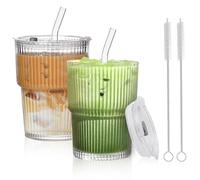 2 Pezzi 450ml Bicchieri da Acqua con Coperchio e Cannuccia, Bicchieri in Vetro con Cannucce, Bicchier-i Frullato in Vetro, Tazza da Caffè Ghiacciata, Bicchiere in Vetr-o Vintage per Latte, Cocktail
