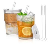 2 Pezzi 450ml Bicchieri da Acqua con Coperchio e Cannuccia, Bicchieri in Vetro con Cannucce, Bicchier-i Frullato in Vetro, Tazza da Caffè Ghiacciata, Bicchiere in Vetr-o Vintage per Latte, Cocktail