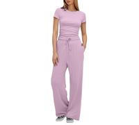 2 Pezzi Abbigliamento da Donna Estate - Top a Maniche Corte con Ruches e Pantaloni a Vita Alta con Gamba Larga e Diritta, Tute Sportive, Outfit a Coordinate Y2k, Set da Palestra, Abbigliamento da