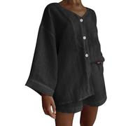 2 pezzi abiti pantaloncini da donna, cotone e lino, camicie con bottoni, scollo a V, camicie a maniche lunghe, pantaloncini a gamba larga con tasche, top oversize, comfort lounge, abbigliamento