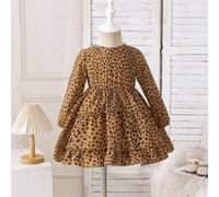 2 pezzi Abito casual coordinato mamma-figlia con maniche a volant, pois e stampa leopardata, vita elastica, adatto per uscite e uso quotidiano 6-9M,9-12M,12-18M,18-24M,2-3YColore unicoTessuto intrecci