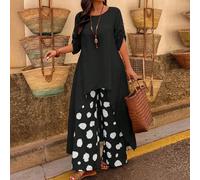2 pezzi Abito elegante con stampa floreale e tinta unita, corto davanti e lungo dietro, adatto per San Valentino, matrimonio, spiaggia, uso quotidiano, colore nero, estate 0XL,1XL,2XL,3XLTessuto intre