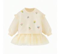 2 pezzi Abito felpa per bambine, dolce patchwork in rete, stile casual, primavera 2026 Aggiungi uno stile dolce e giocoso al guardaroba primaverile della tua bambina con la felpa Mini Balabala e l'abi