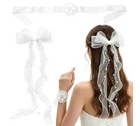 2 Pezzi Accessorio per Capelli Comunione Ragazza, Fiocco Bianco | con Perle e Nastro di Organza, per Prima Comunione, Matrimonio, Battesimo, Damigella d'onore